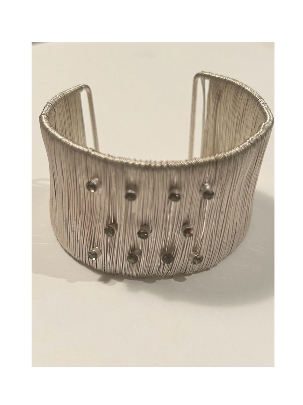 Silver-Coloured Textured Adjustable Cuff Bracelet with Faux Crystal Accents.